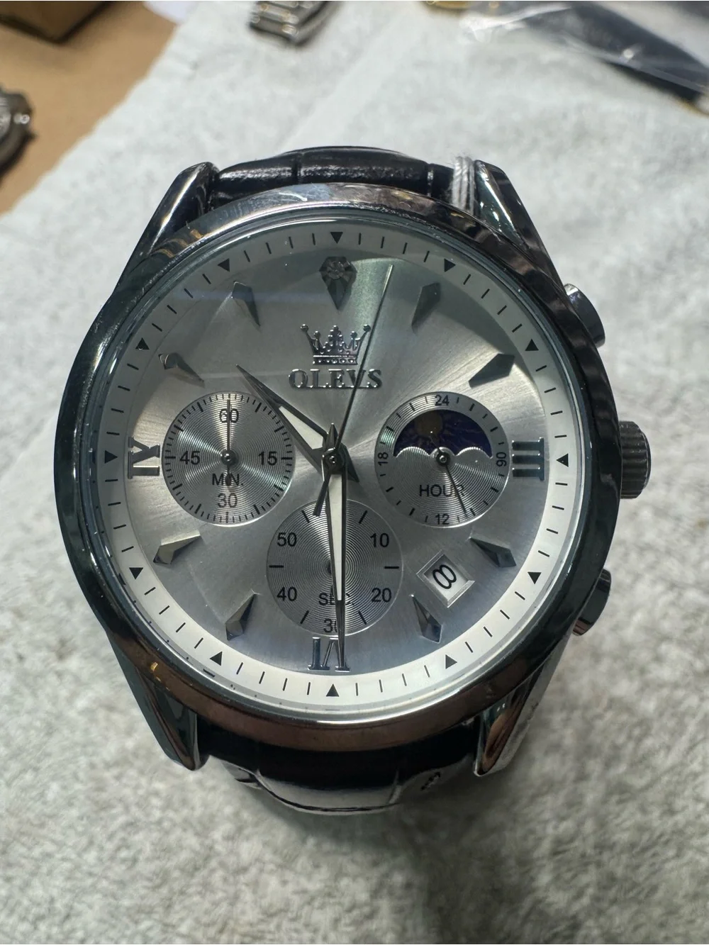 OLEVS Men’s Silver Dial Black Leather Strap Watch